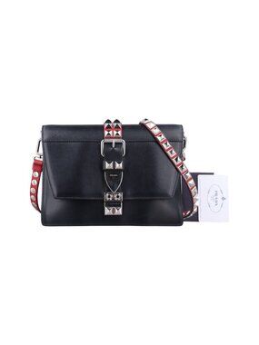 Prada Electra Studs Black Leather 25 Messenger Bag